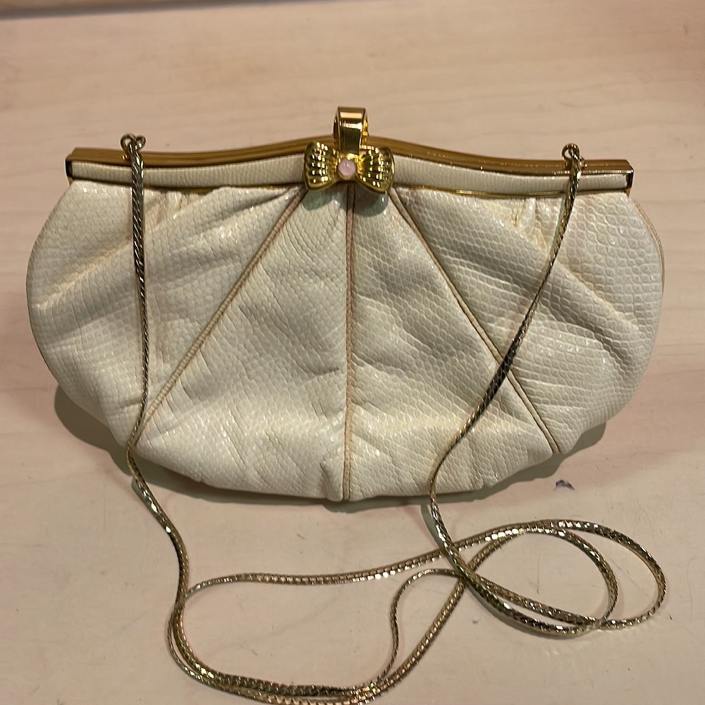 Vintage Women’s Judith Leiber Evening Clutch Bag Beige Lizard w/Bow Clasp
